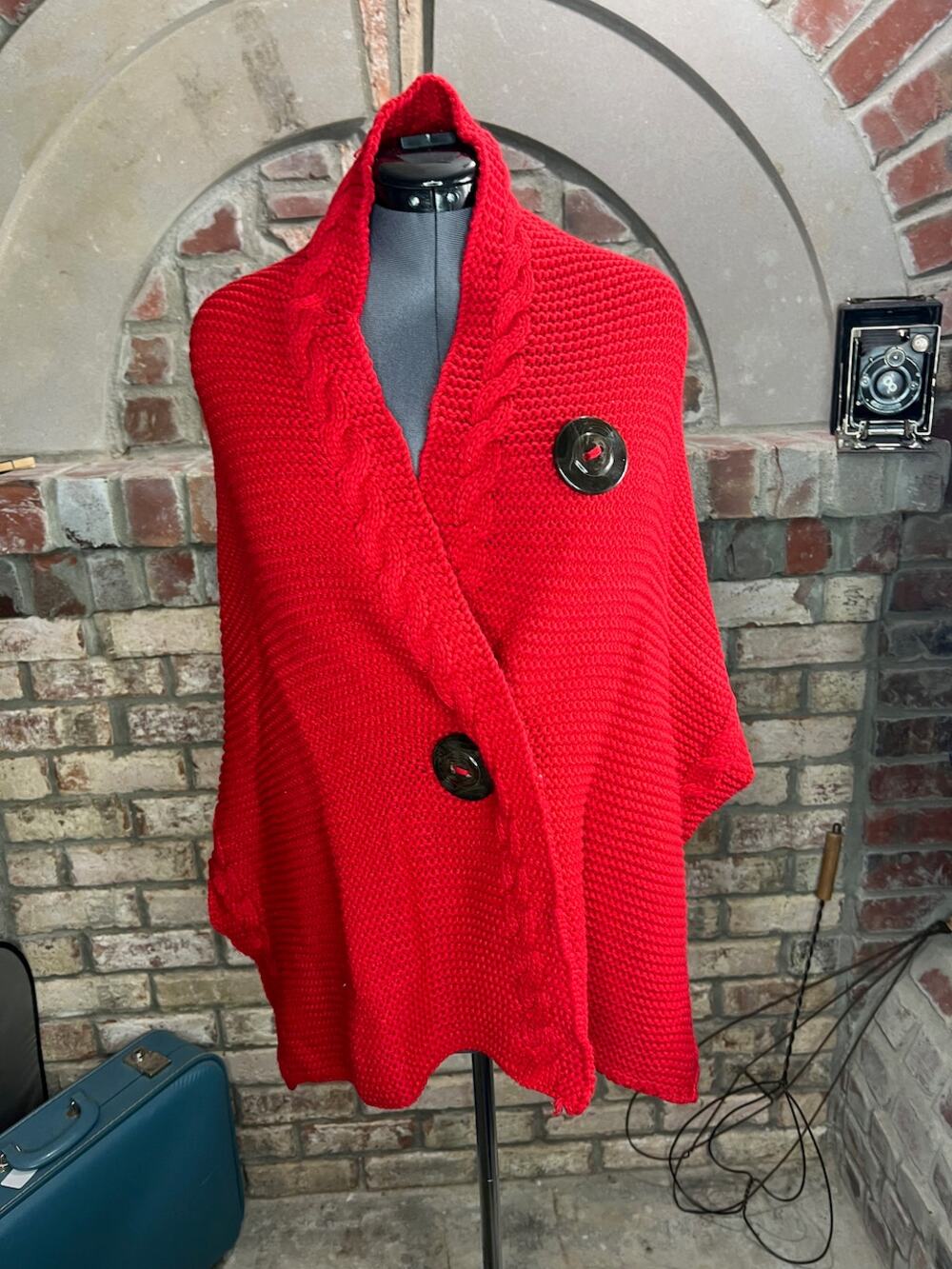 sweater wrap cabled red giant button